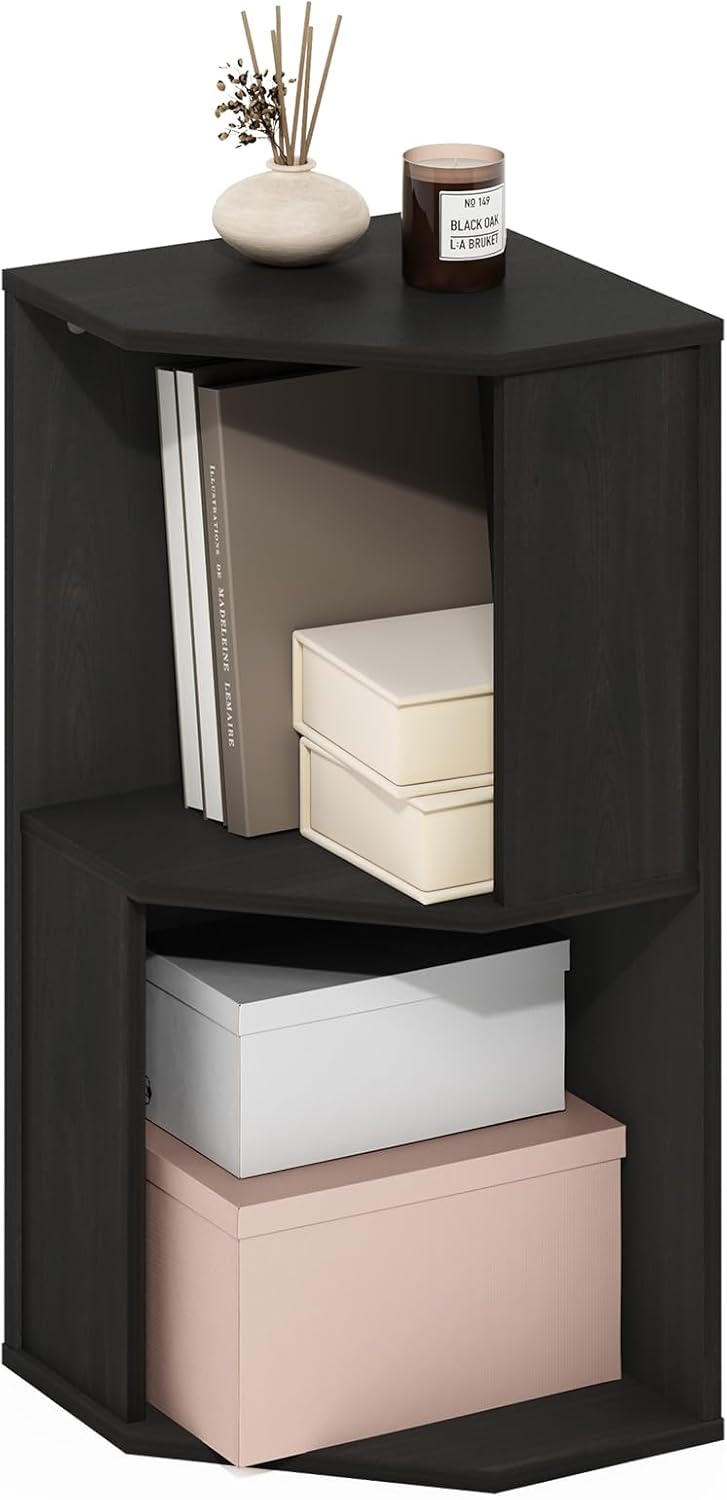 Furinno ECON Corner Shelf, 2-Tier Corner Book Shelf, Standing Storage Shelves, Cube Display Rack, Bookshelf, for Organization and Storage, Living Room, Home Office, Dark Espresso