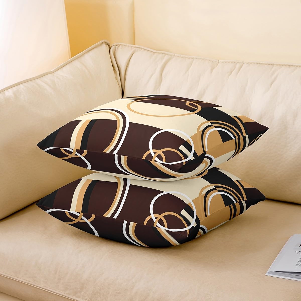 Modern Geometric Throw Pillow Covers 20x20 Set of 4 Brown Black Stripes Cushion Covers For Lumbar Support Bedroom Retro Circle Swirls Pillow Covers Abstract Texture Decorative Accent Pillow Cases