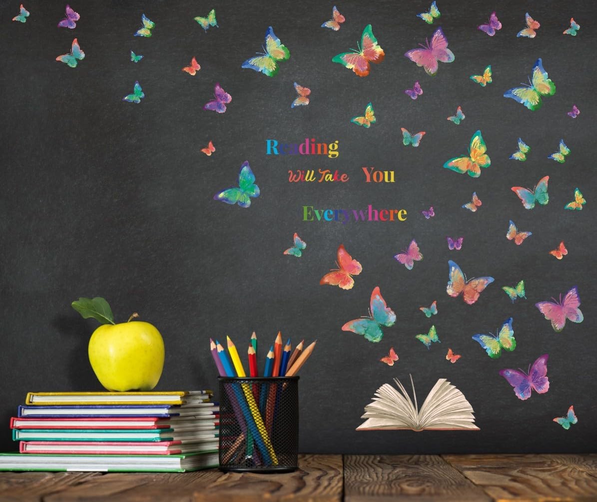 OLMIXA Colorful Butterfly Reading Book Wall Decal, Reading Will Take You Everywhere Inspirational Quote Stickers, Vinyl Butterfly Book Wall Art for Classroom Library Playroom Decor