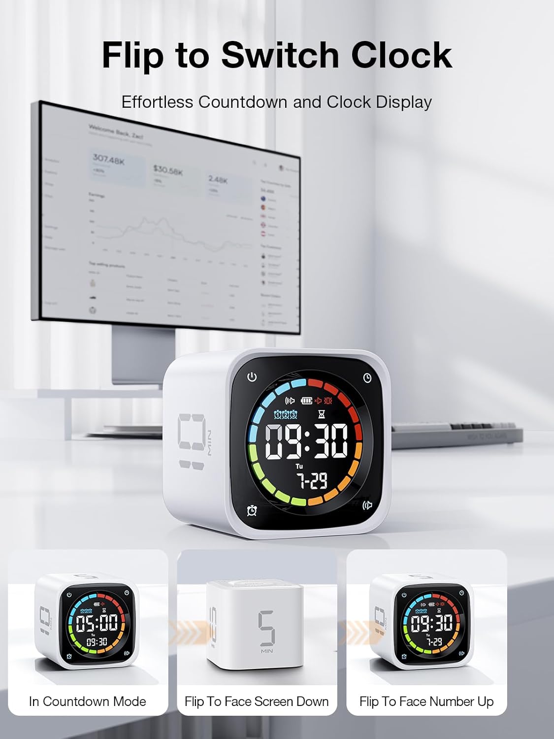 TK3 Pomodoro Timer Cube, Productivity Timer, 5/10/30/60 Min Presets, Custom Countdown, Stopwatch & Clock, Triple Alarms, Silent/Vibration/Sound Alerts, Rechargeable for ADHD Study Task, White