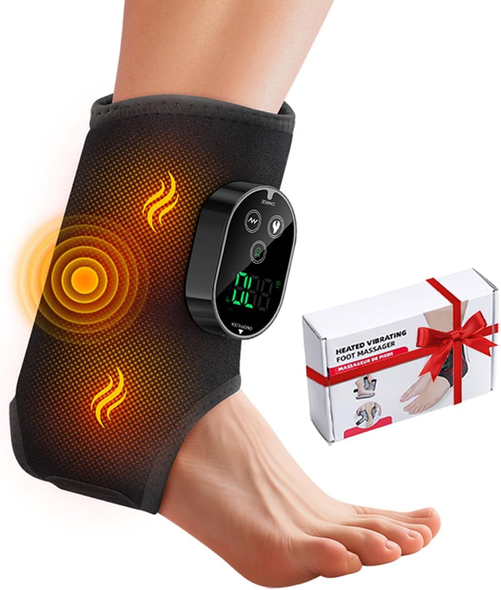 Ankle Massager,3-in-1 Wearable Hot & Vibration Massager for Feet, Ankles, and Arms | Reusable Heating Pad Brace for Home Recovery (Black)
