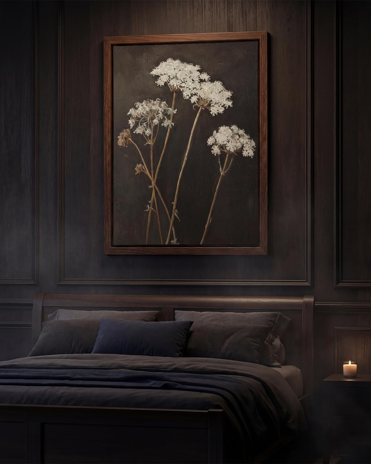 Vintage Framed Wall Art 12x16 Inch – Moody Botanical Still Life Artwork with White Dried Wildflower Oil Painting – Dark Academia Rustic Floral Wall Decor for Bedroom, Living Room