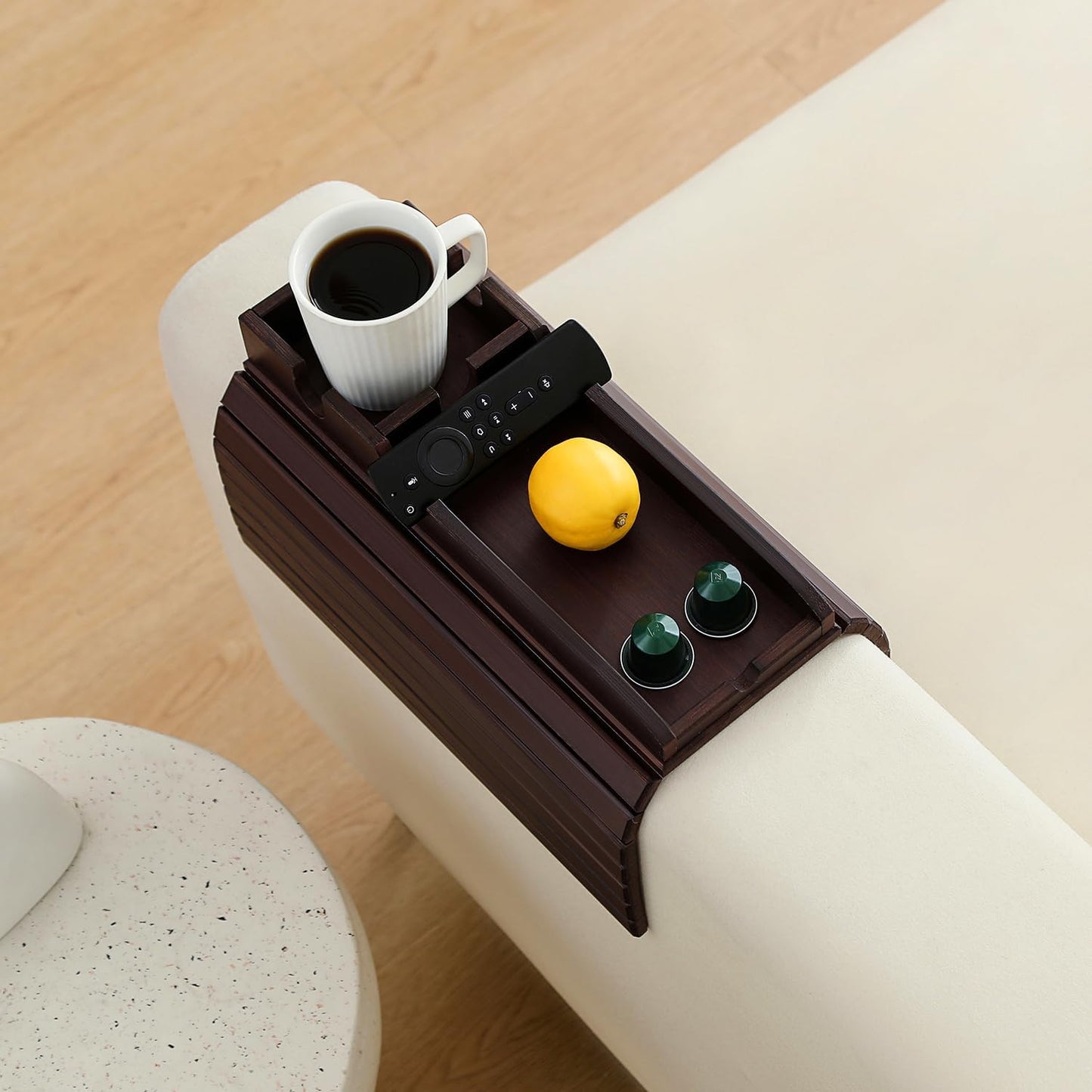 Bamboo Couch Cup Holder Arm Tray Table，Foldable Couch Drink Holder Armrest Table，Sofa Arm Rest Tray，Flexible Arm Chair Table Recliners for Drink,Cups, Snacks, Phone, Remote (Mahogany)