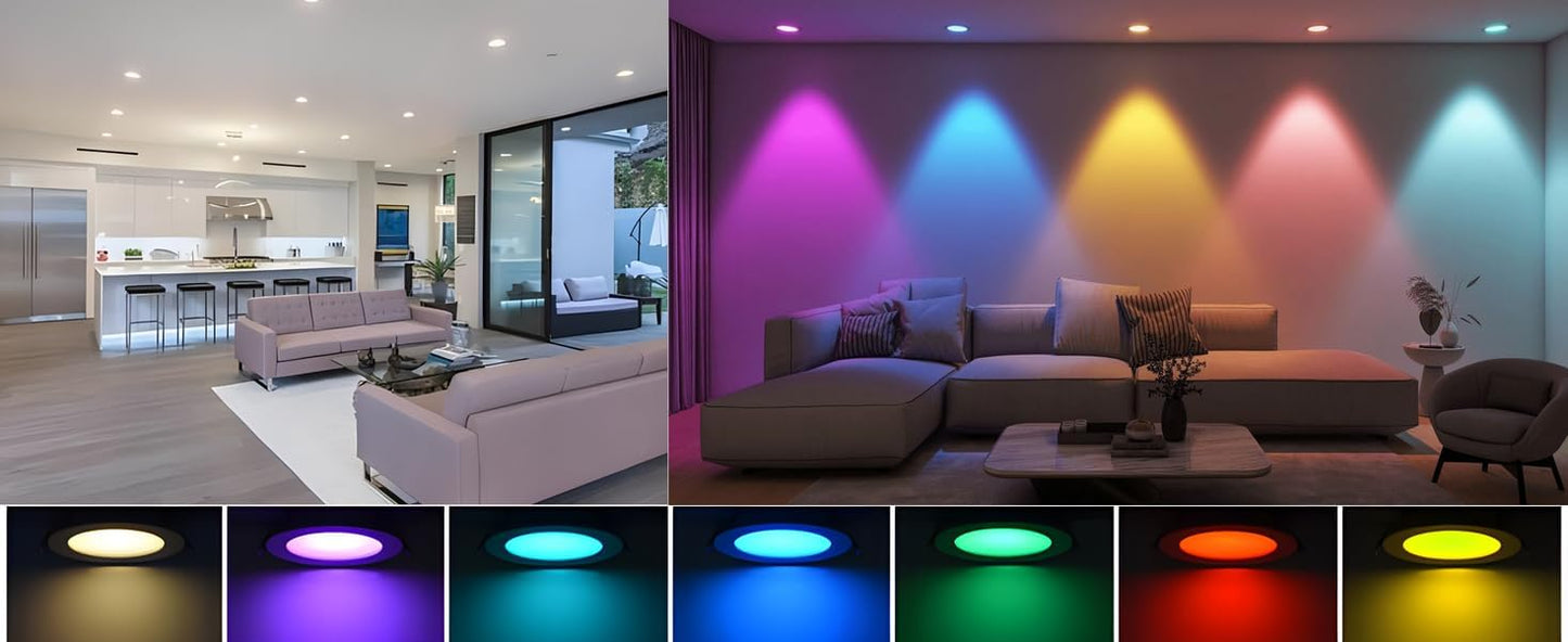 4 Pack Smart LED Recessed Lighting 6 Inch Ultra-Thin WiFi Canless Downlight 12W 1200LM Downlight w/Junction Box, Alexa Google Assistant Compatible, ETL FCC, Color Changing LED Recessed Lighting