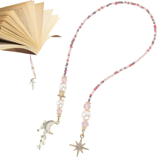 Moon Star Beaded Bookmark - Fantasy Crystal Bead Gold Chain Fantasy Bookmark, Reading Book Accessories for Men Women, Bookish Gift for Book Lovers, Students and Teachers