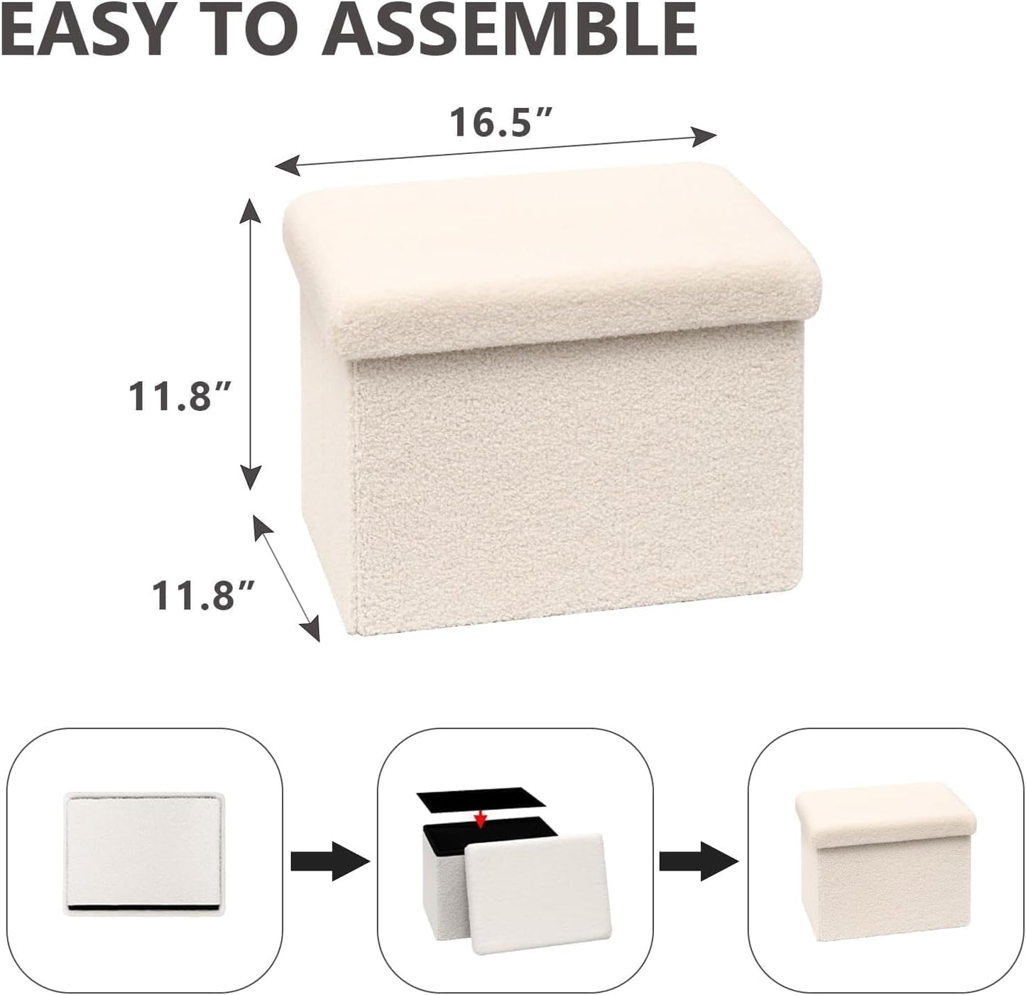 16.5in Small Storage Ottoman Foldable Sherpa Top Storage Bench,Foot Rest/Step Stool for Bedroom Dorm Entryway, Space Saving for Small Spaces- White
