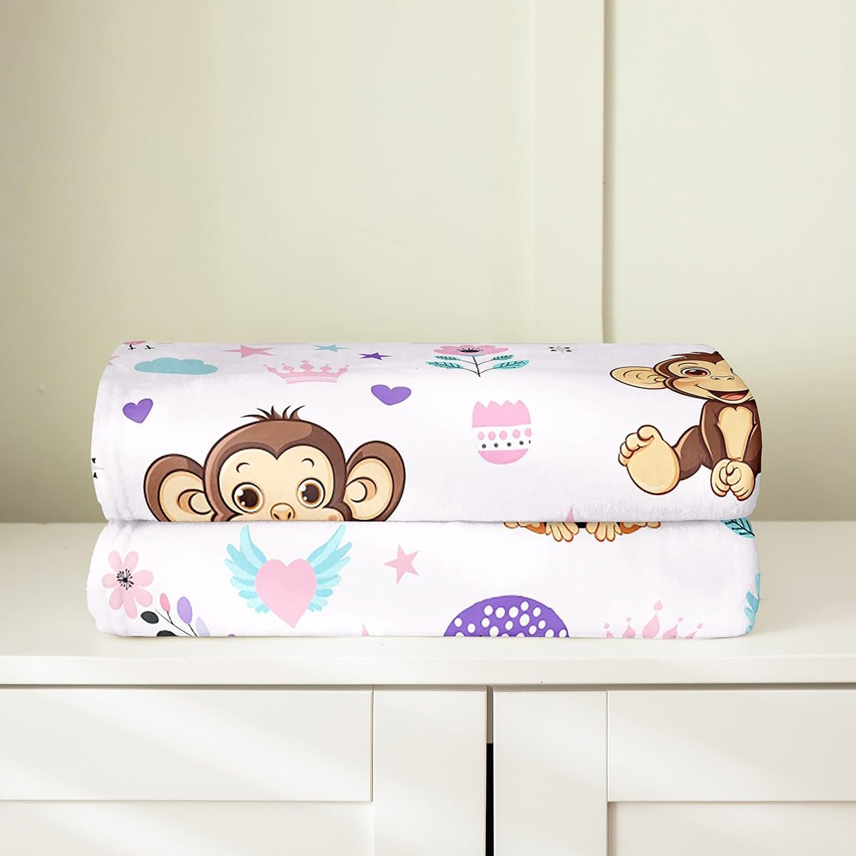 Erosebridal Floral Monkey Throw Blanket 30x40 inch,Cartoon Monkey Fleece Blanket for Kids Boys Girls,Purple Wildlife Flannel Blanket,Rainbow Flower Stars Clouds Bed Blanket for Baby,Pets,Leg Cover