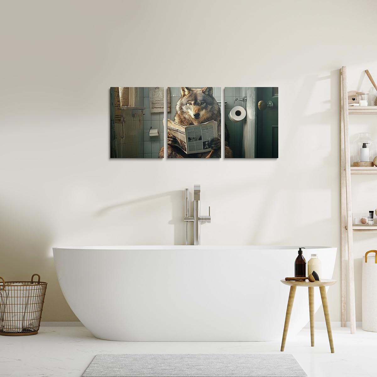 Erosebridal Funny Wolf Bathroom Canvas Wall Art Black And White Animal Reading In Toilet Aesthetic Poster Prints Vintage Cute Animal Print Painting Modern Farmhouse Wall Decor 12"X 16"X 3Pcs