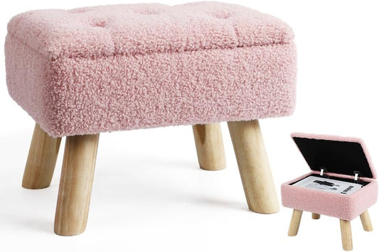 Storage Ottoman, Small Foot Stool Ottoman with Storage, Boucle Teddy Velvet Foot Rest with Padded Seat, Sturdy Wood Legs Stool for Living Room, Bedroom, Couch, Enterway (Pink)