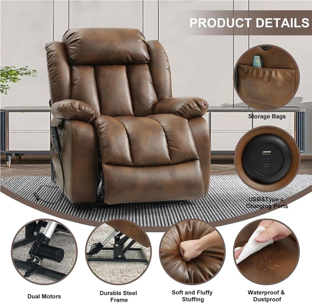 Overstuffed Leather Recliner Chair for Adults, Comfy Reclining Sofa with Padded Armrests and Back, Single Lounge Armchair for Living Room, Home Theater & Bedroom, Brown