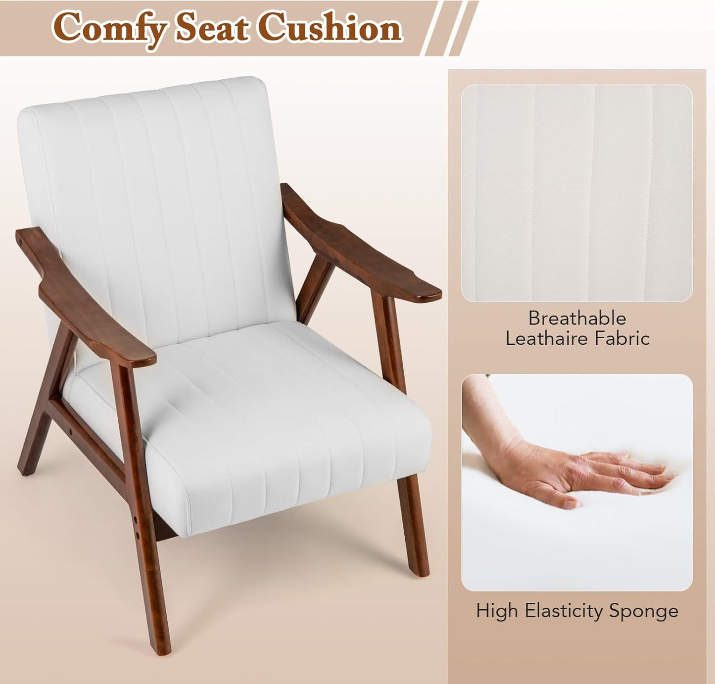 Giantex Mid-Century Modern Accent Chair, Upholstered Comfy Living Room Chair with Arms, Anti-Slip Felt Pads, Wooden Frame Soft Padded Armchair for Living Room Bedroom Office Study, Beige