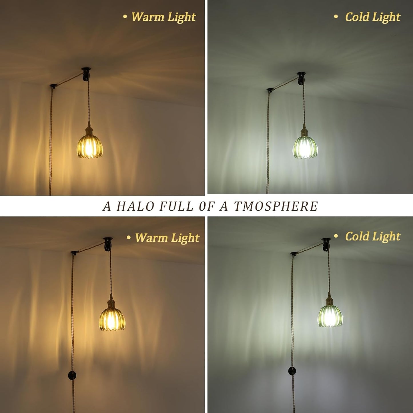 Plug in Pendant Light Hanging Light Fixture Corded On/Off Switch Brass Pendant Light with Green Tulip Glass Lampshade for Bedroom Living Room Kitchen Island