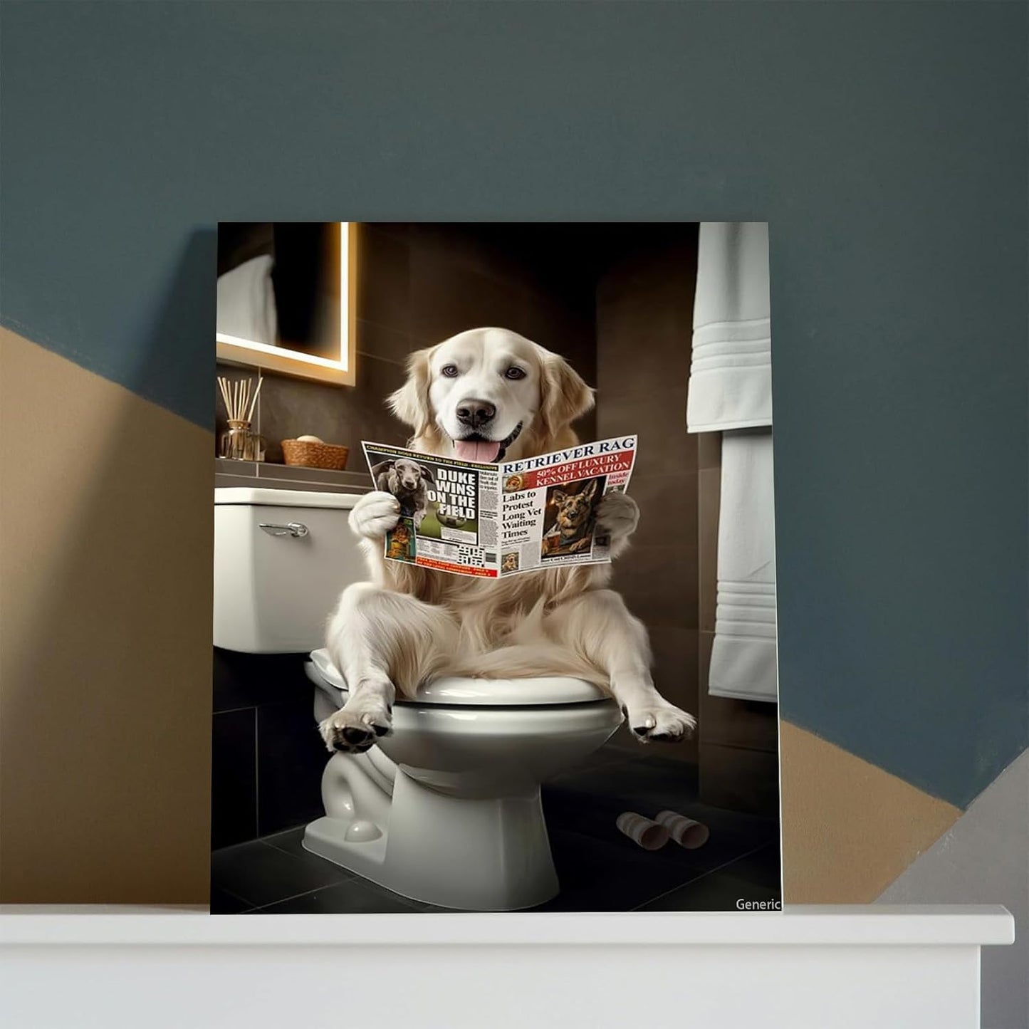 Funny Bathroom Wall Art Cute English Retriever Reading on Toilet Picture Canvas Print Poster for Animal Lovers Dog Toilet Decor 8x10inch Framed