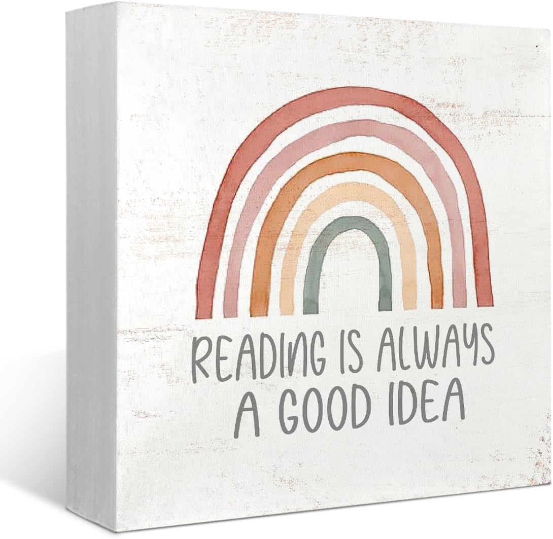 Mtrgdn Reading Conner Decor for Classroom,Boho Rainbow Classroom Reading Nook Desk Decor,Reading is Always a Good Idea Wood Box Sign for Homeschool Library Bookshelf Nursery Kids Reading Room,5x5 Inch