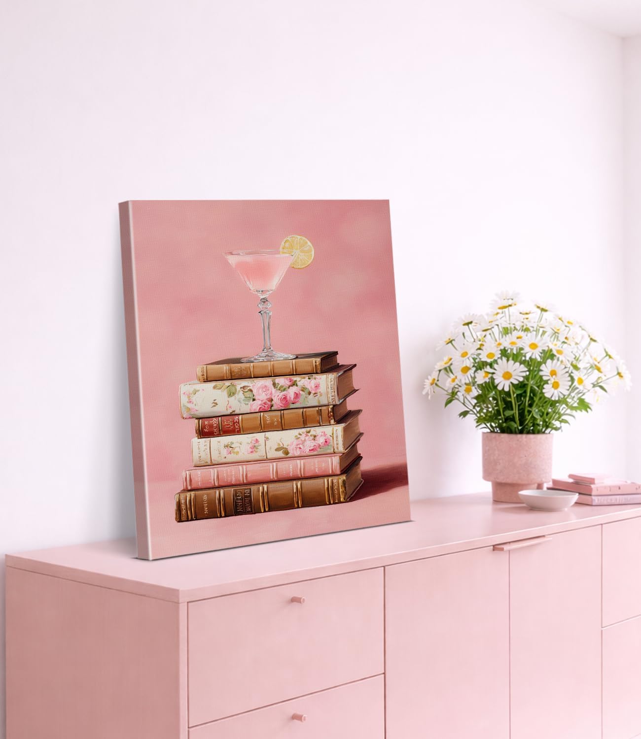 Pink Cocktail Books Wall Art Print - Preppy Stack of Books Canvas Poster Painting - Bookish Girly Wall Decor for Home Reading Nook Dorm 8x10 Inch Framed