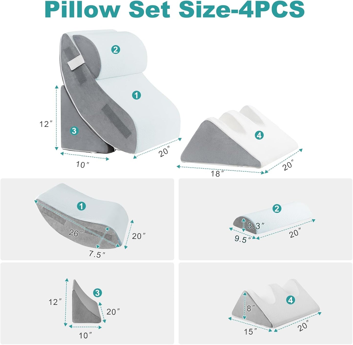 Hansleep Bed Wedge Pillow Set for After Surgery 4PCS, Post Surgery Pillow for Sleep Apnea and Acid Reflux Relief, Adjustable Reading Pillows Back Support with Memory Foam, White, 20"