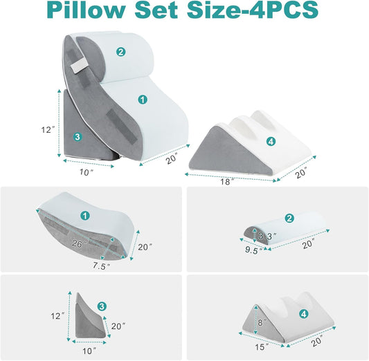 Hansleep Bed Wedge Pillow Set for After Surgery 4PCS, Post Surgery Pillow for Sleep Apnea and Acid Reflux Relief, Adjustable Reading Pillows Back Support with Memory Foam, White, 20"