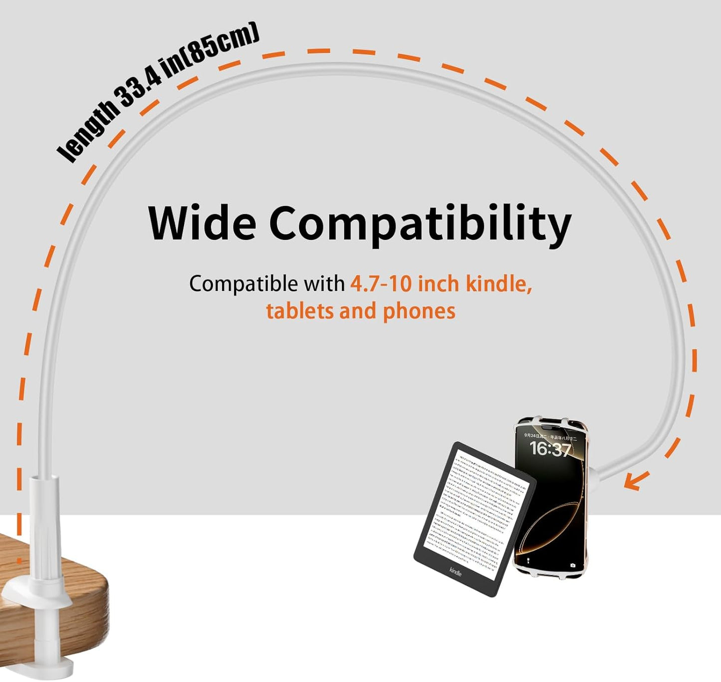 Gooseneck Kindle Holder for Reading in Bed - [Case-Friendly] Phone Holder for Bed, Kindle Paperwhite Stand Accessories, Overhead Cell Phone Clamp Mount for Desk, for Tablets 4-10 inches