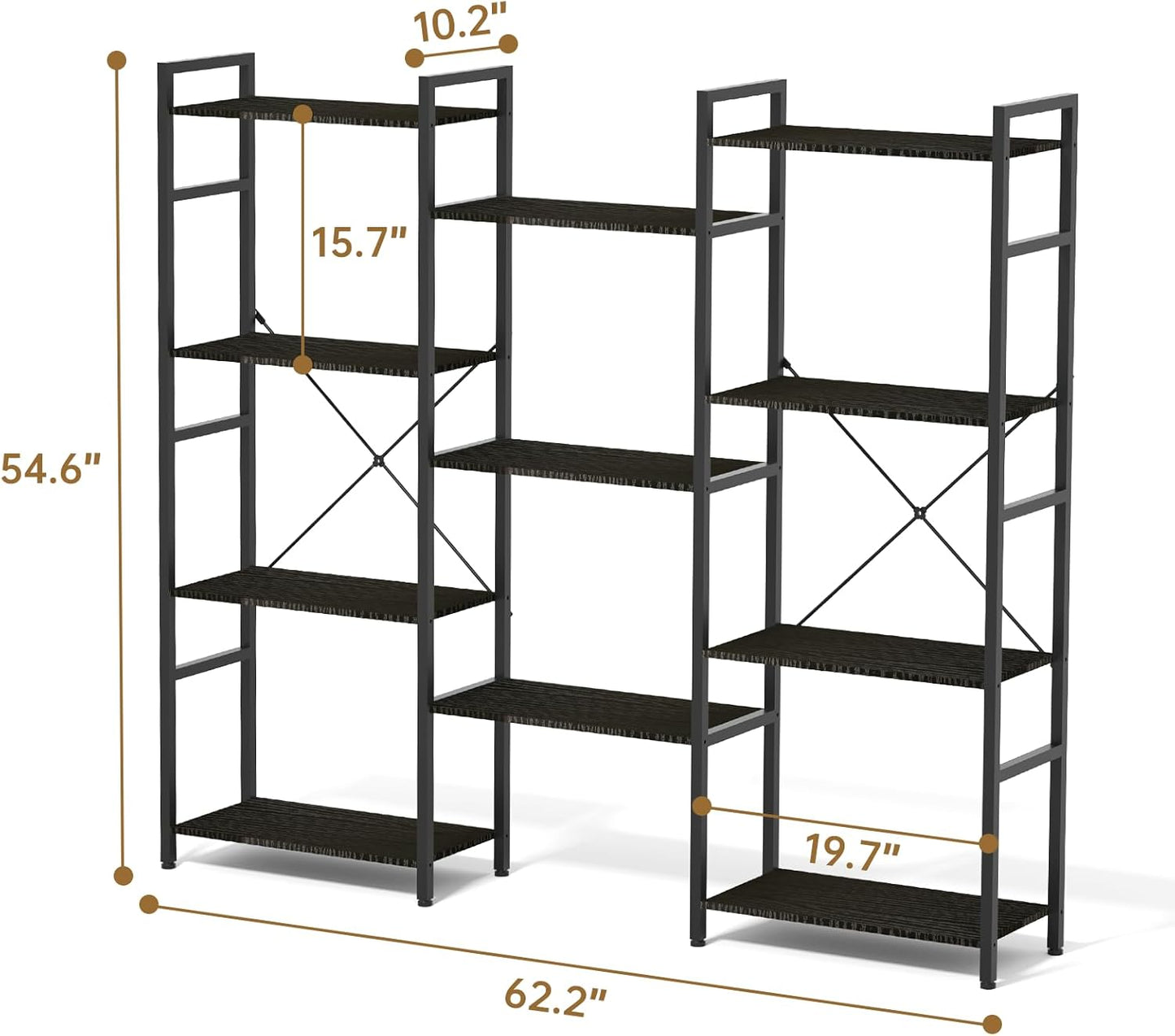 Triple 4 Tier Bookshelf, Tall Book Shelf with 11 Open Display Shelves, Adjustable Industrial Bookcase in Living Room, Bedroom, Wide Metal Bookshelf Book Case for Home & Office, Black