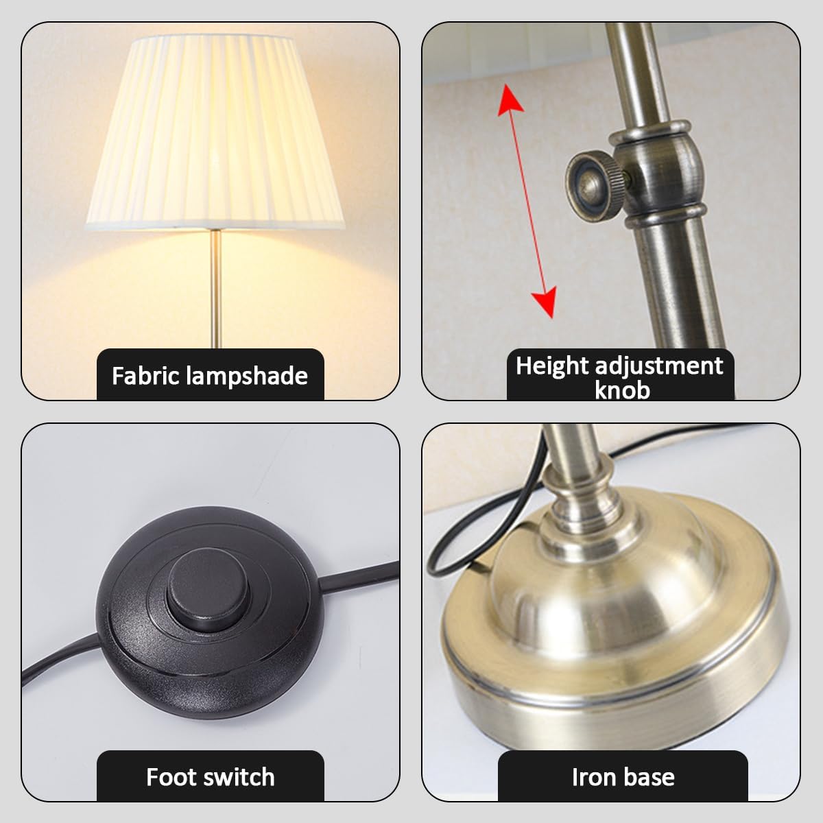White Fabric Lampshade Floor Lamp Adjustable Height Floor Lamps Classic Retro Tall Pole Lamp Eye Protection Standing Reading Lamp Silver Rust-Proof Iron Tall Light for Living Room Bedroom