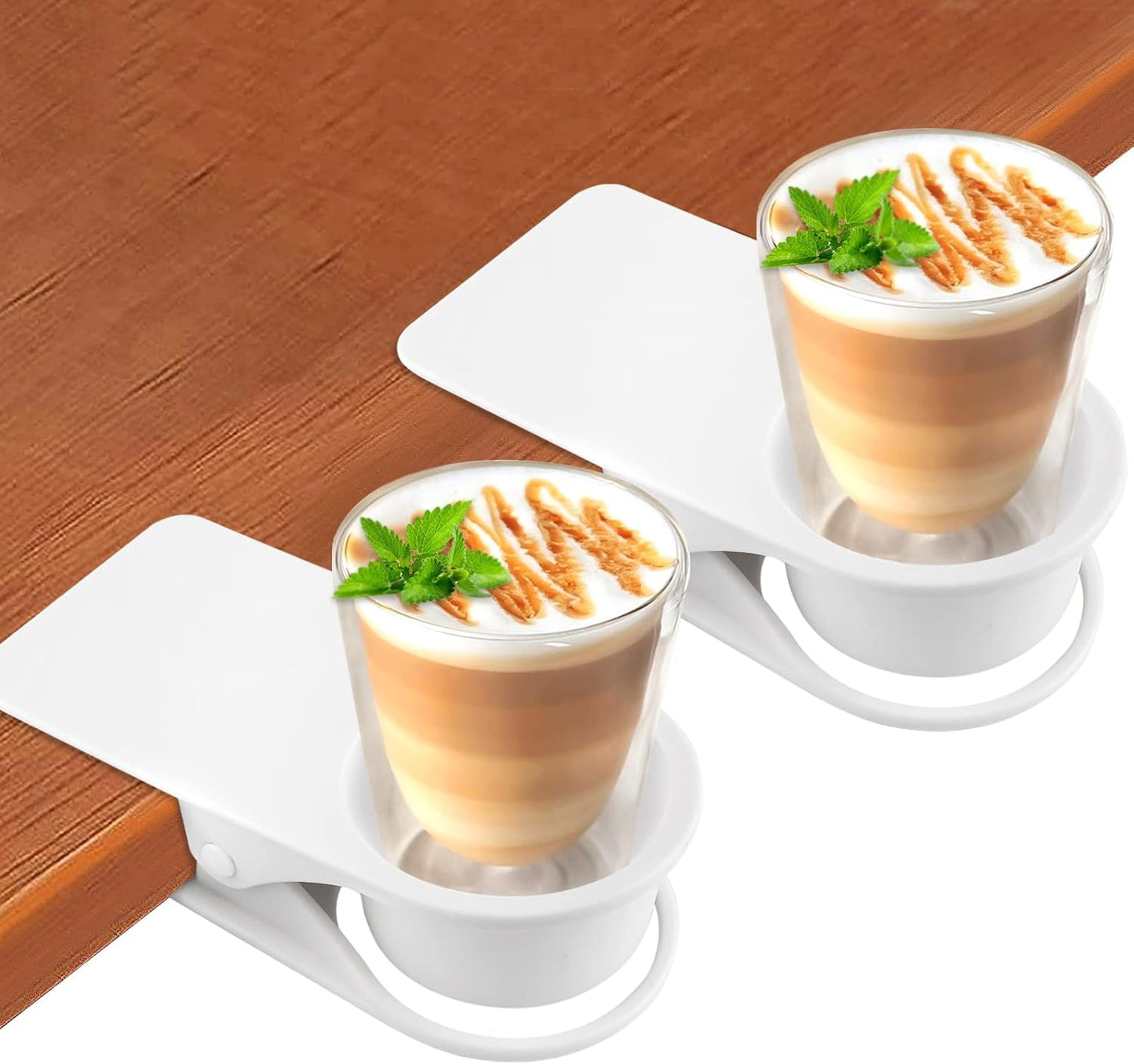 2PCS Drinking Cup Holder Clip, Kalolary Desk Bottle Cup Stand DIY Glass Clamp Storage Saucer Clip Water Coffee Mug Holder Saucer Clip Design for Home & Office, White