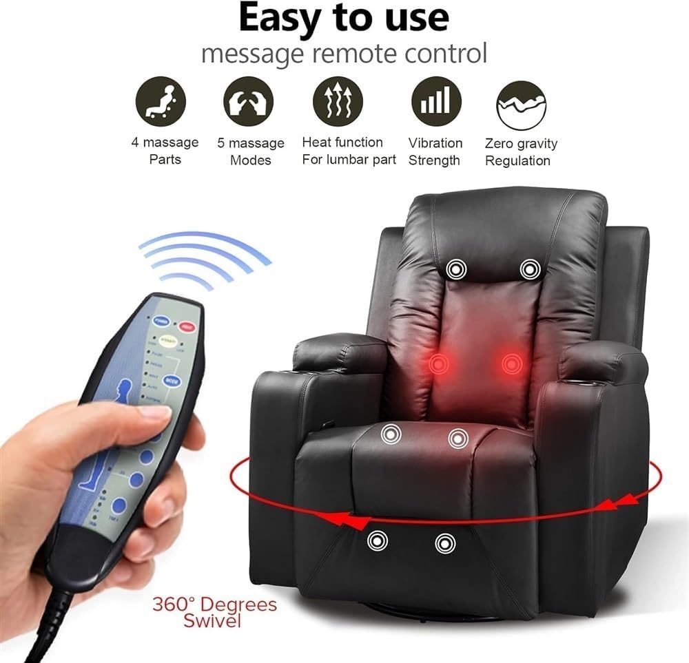Leather Power Recliner Chair with Heat and Massage, 360° Swivel Rocker Recliner with Cup Holders, Comfortable Reclining Chair for Home Theater Seating and Living Room