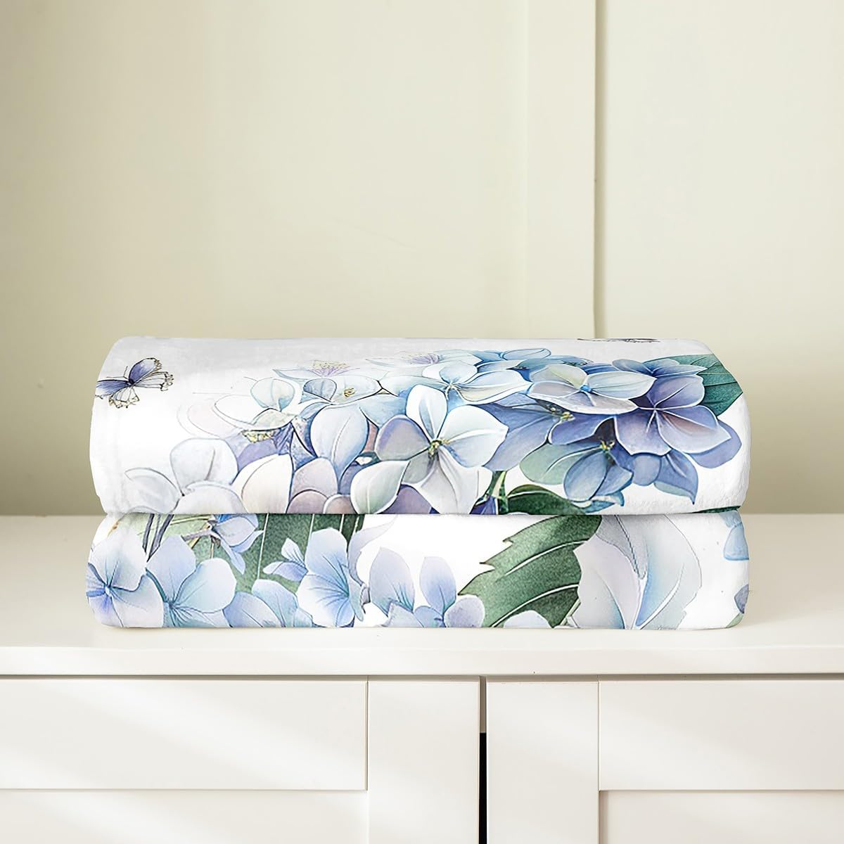 Erosebridal Girls Ombre Floral Throw Blanket Queen 90x90,Blue Hydrangea Flowers Fleece Blanket,3D Butterflies Blanket,Summer Garden Rustic Theme Flannel Blanket,Luxury Soft