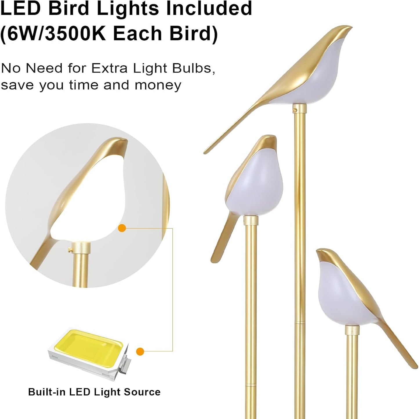 Gold Floor Lamps for Living Room, Modern Floor Lamp with Shelves, Mid Century Standing Lamp with 3 Adjustable LED Bird Lights, Corner Tall Lamp with Table, Brass Stand up Lamp for Bedroom Kids Room