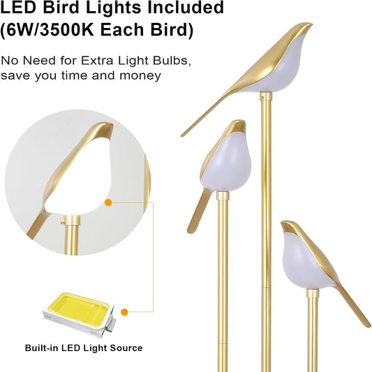 Gold Floor Lamps for Living Room, Modern Floor Lamp with Shelves, Mid Century Standing Lamp with 3 Adjustable LED Bird Lights, Corner Tall Lamp with Table, Brass Stand up Lamp for Bedroom Kids Room