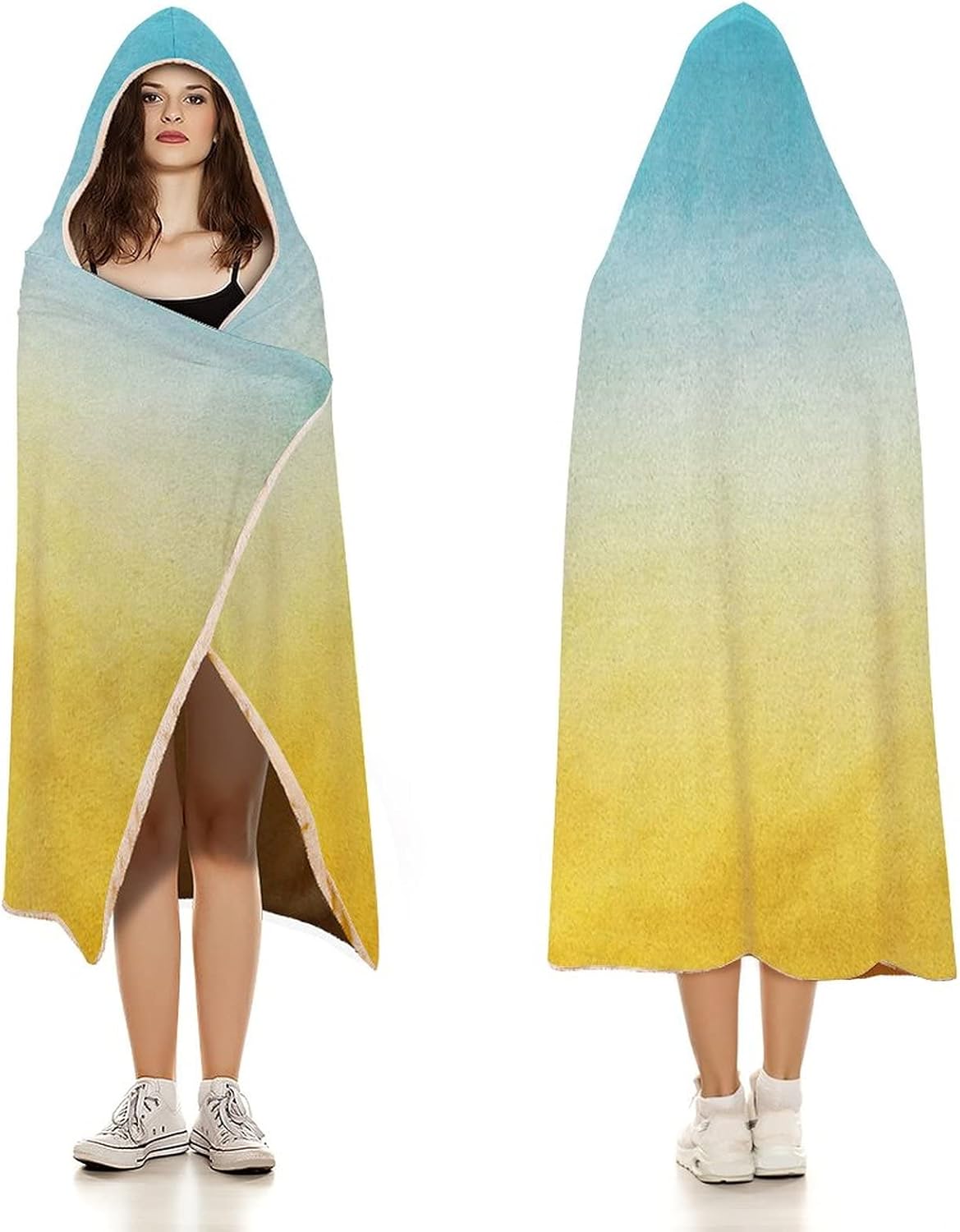 Throw Blankets, Yellow and Blue Women Men Hooded Blanket, Surf Waves Ocean Beach Exotic Dreamy Gradient, Soft Warm Cozy, 40 x 50inches, Studying Reading Snuggling Napping Office, Blue Yellow