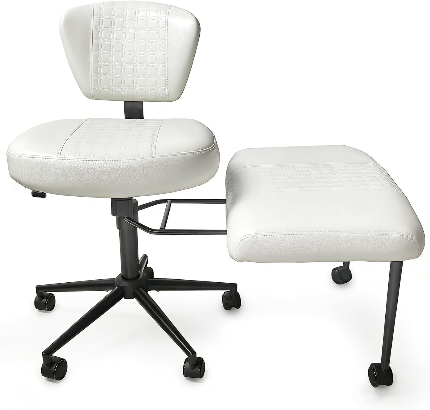 Meditation Chair with Footrest, 360° Swivel Height Adjustable Criss Cross Chair, White PU Padded Wide Seat, Home Office Desk Chair for Reading, Yoga, Peaceful Living