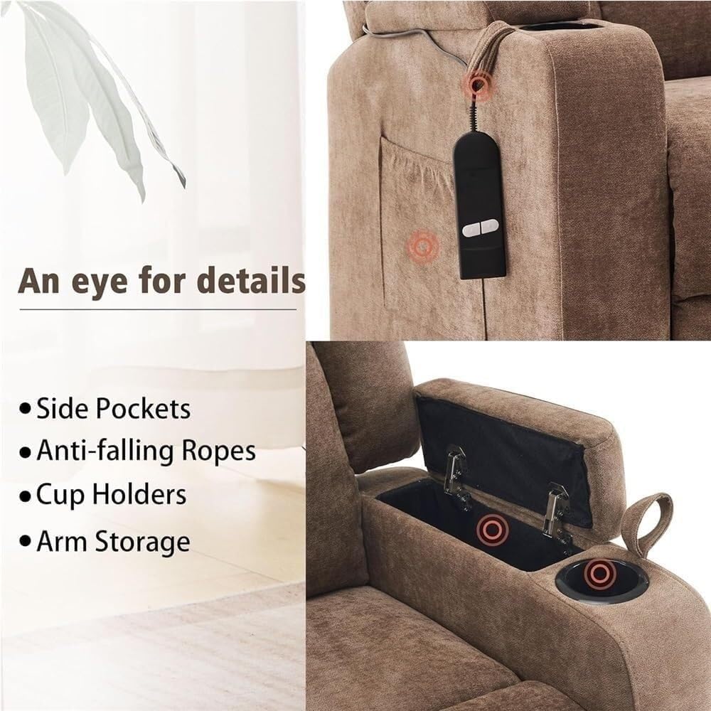 Electric Power Lift Recliner Chair with Massage Heat Faux Leather Adjustable Ergonomic Leisure Chairs for Elderly Comfortable Sofa USB Charging Port Cup Holders