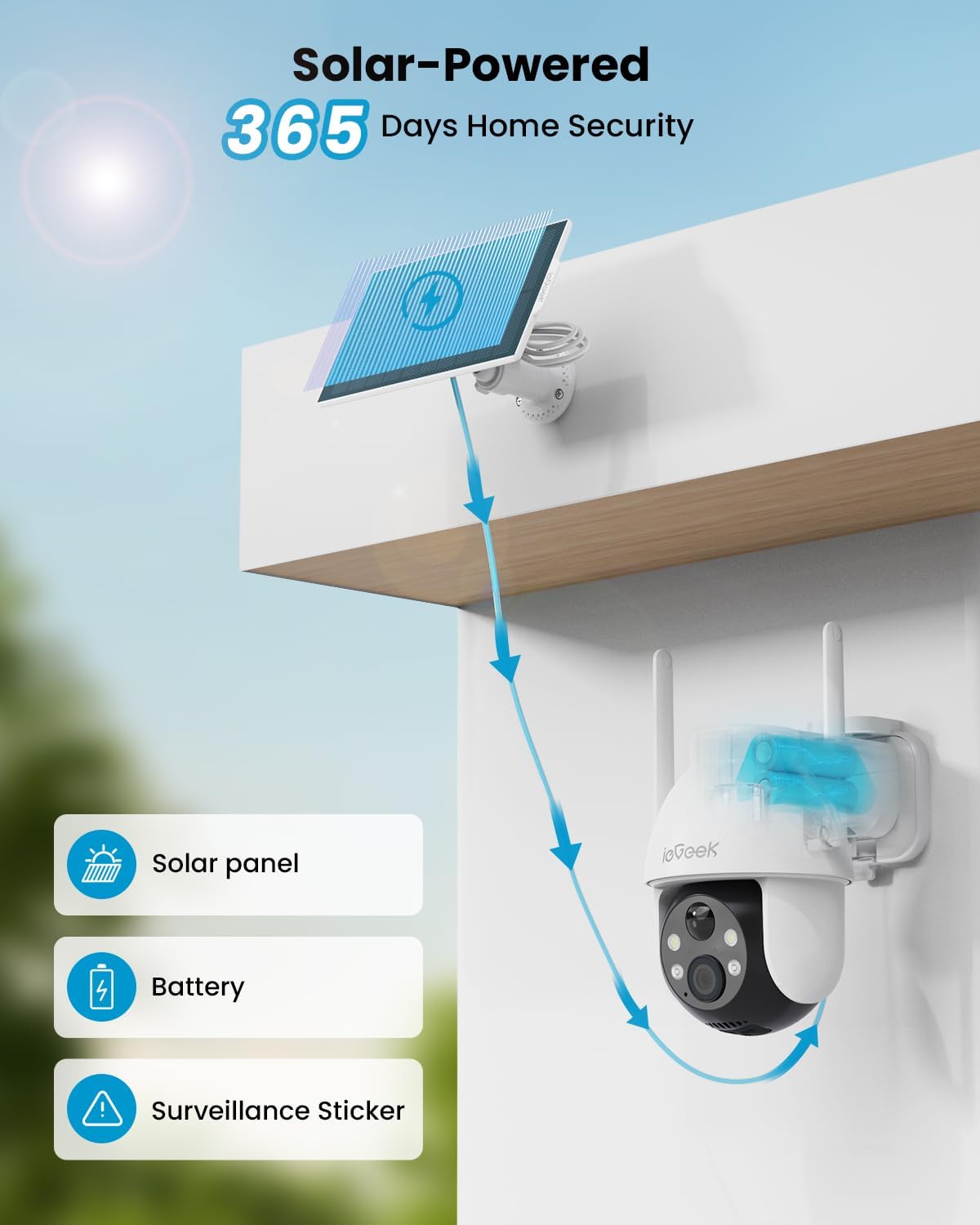 ieGeek Security Cameras Wireless Outdoor, 2K Solar WiFi Camera for Home Security System, Battery Powered Surveillance Cam with Solar Panel, 360° PTZ Color Night Vision, Motion Sensor, Works with Alexa