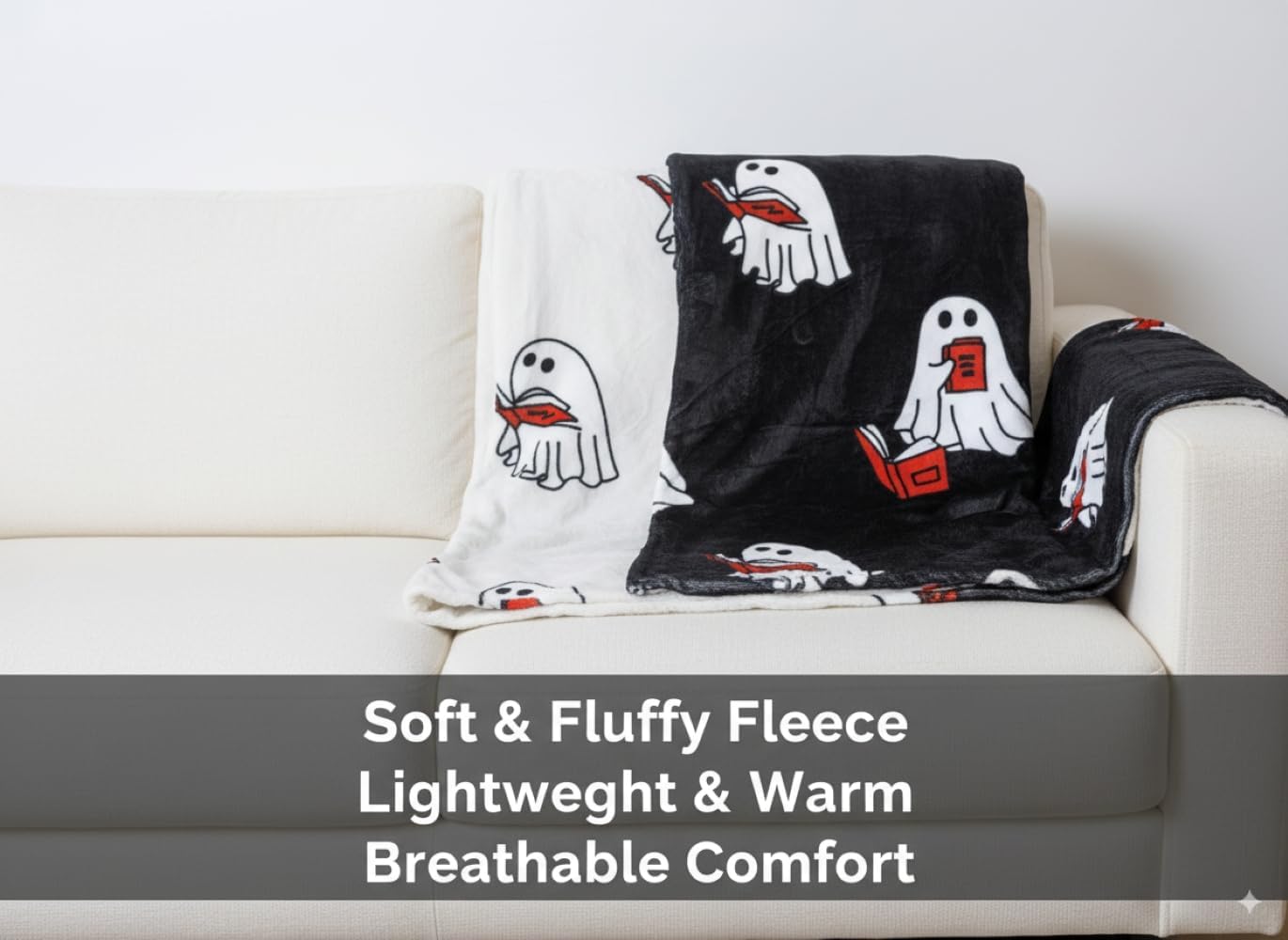 Ghost Reading Book Blanket 50x60 Inch – Soft Fluffy Halloween Throw Blanket for Book Lovers, Cozy Reading Bookish Gift, Cute Ghost Design (Black)