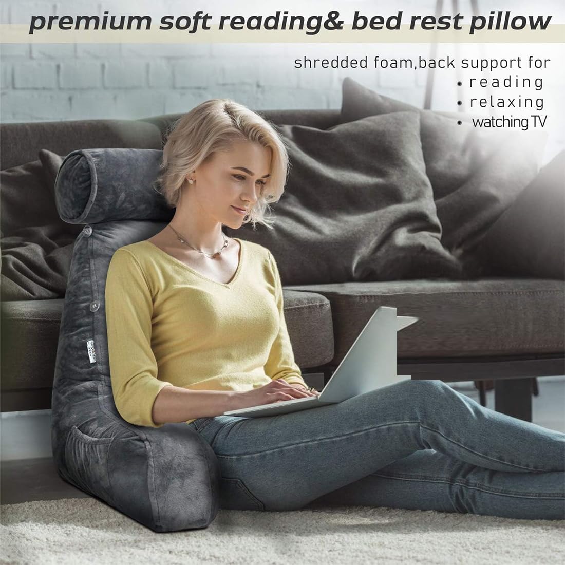 Extra Large Reading Pillow for Sitting in Bed Adult with Detachable Neck Support Cushion & Backrest Pillow for Bed with Arms and Side Pocket Shredded Foam Back Pillow with Washable Cover