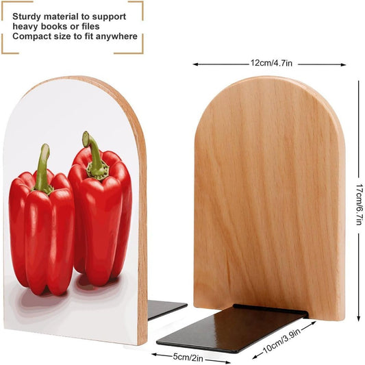 Two Red Bell Peppers Wooden Bookend Non-Slip Book Ends Heavy Duty Book Stopper with Metal Base Books Holderd Decorative Bookends Stands Firmly for Office Supplies