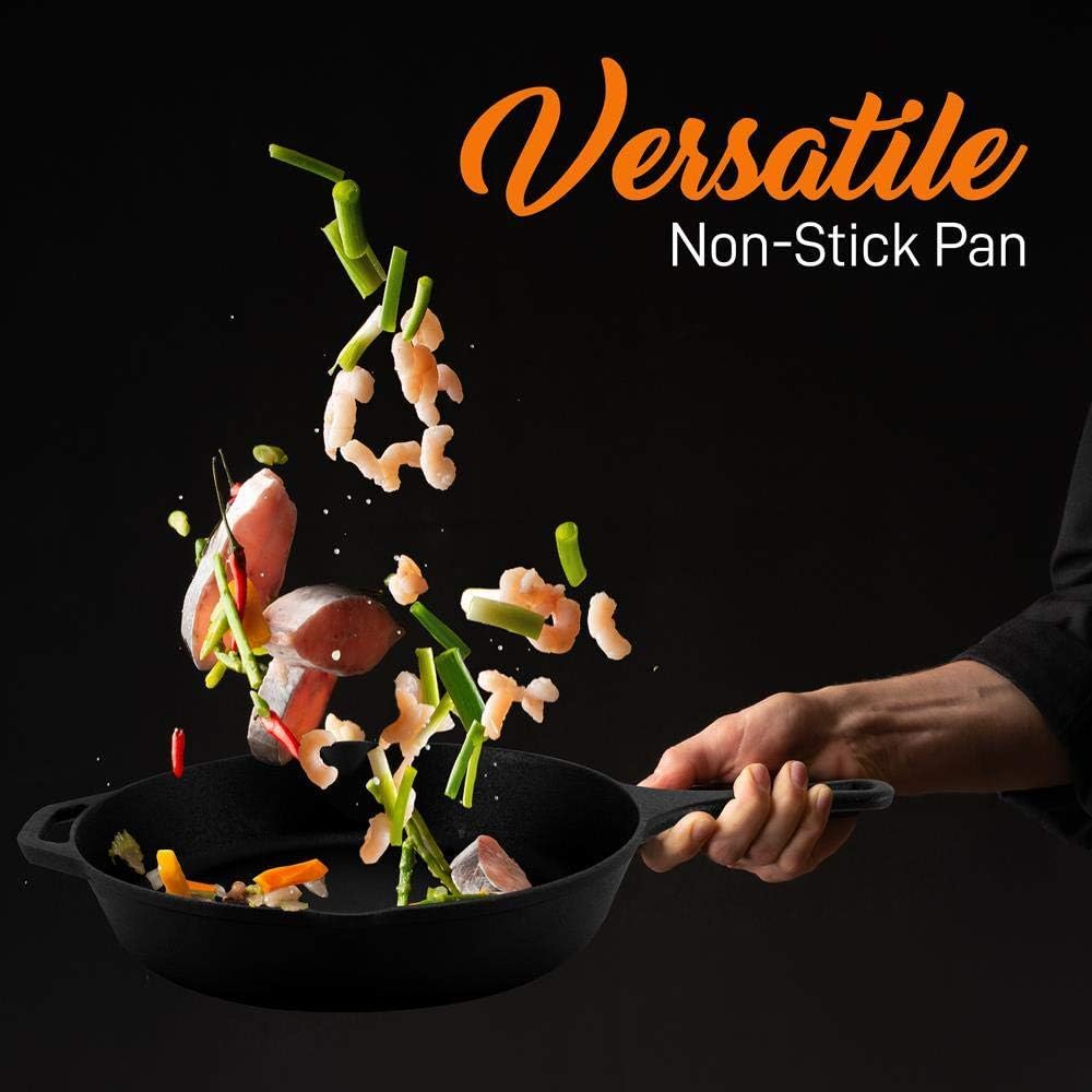 NutriChef Pre-Seasoned Cast Iron Skillets - 3 Pieces Cast Iron Cookware Set w/Drip Spout and Scraper - Compatible with Induction, Electric Stovetop, Gas, & Ceramic - NCCI76