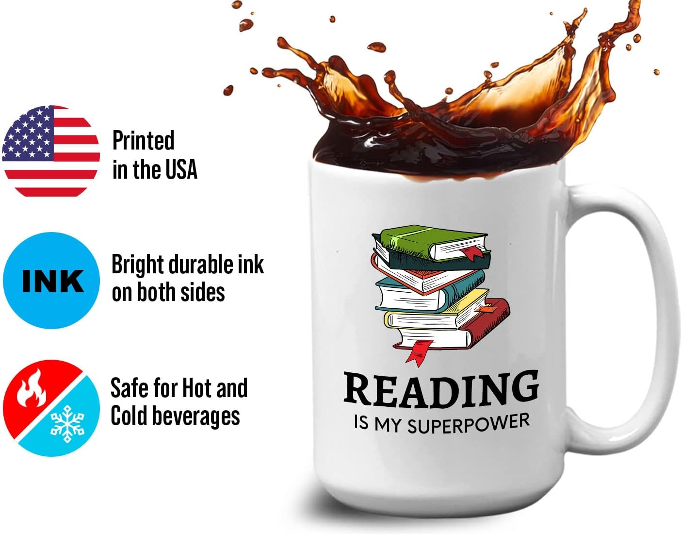 Bubble Hugs Book Lover Coffee Mug 15oz White - Reading Is My Superpower B - Reading Owl Reader Stack of Books Book Lover Bookish Novelist Librarian Writer