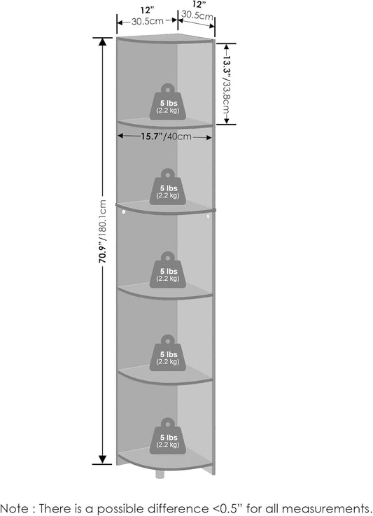 5-Tier Bookshelf with Corner Shelf — 12×12×70.8 in, White