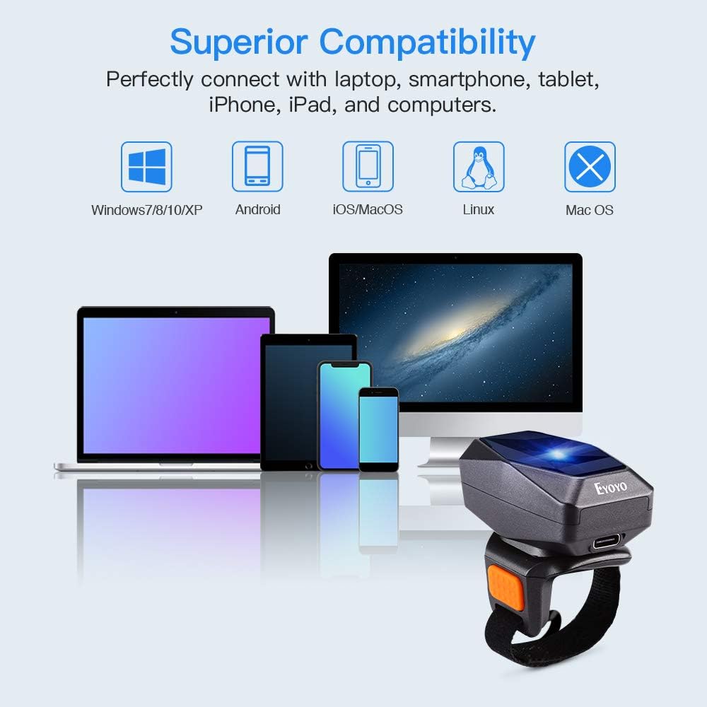 Eyoyo 1D Bluetooth Wearable Ring Barcode Scanner, Portable Bar Code Reader with 2.4GHz Wireless & USB Wired Connection Compatible with iPhone iPad Android iOS, for Book, Warehouse Inventory, Express