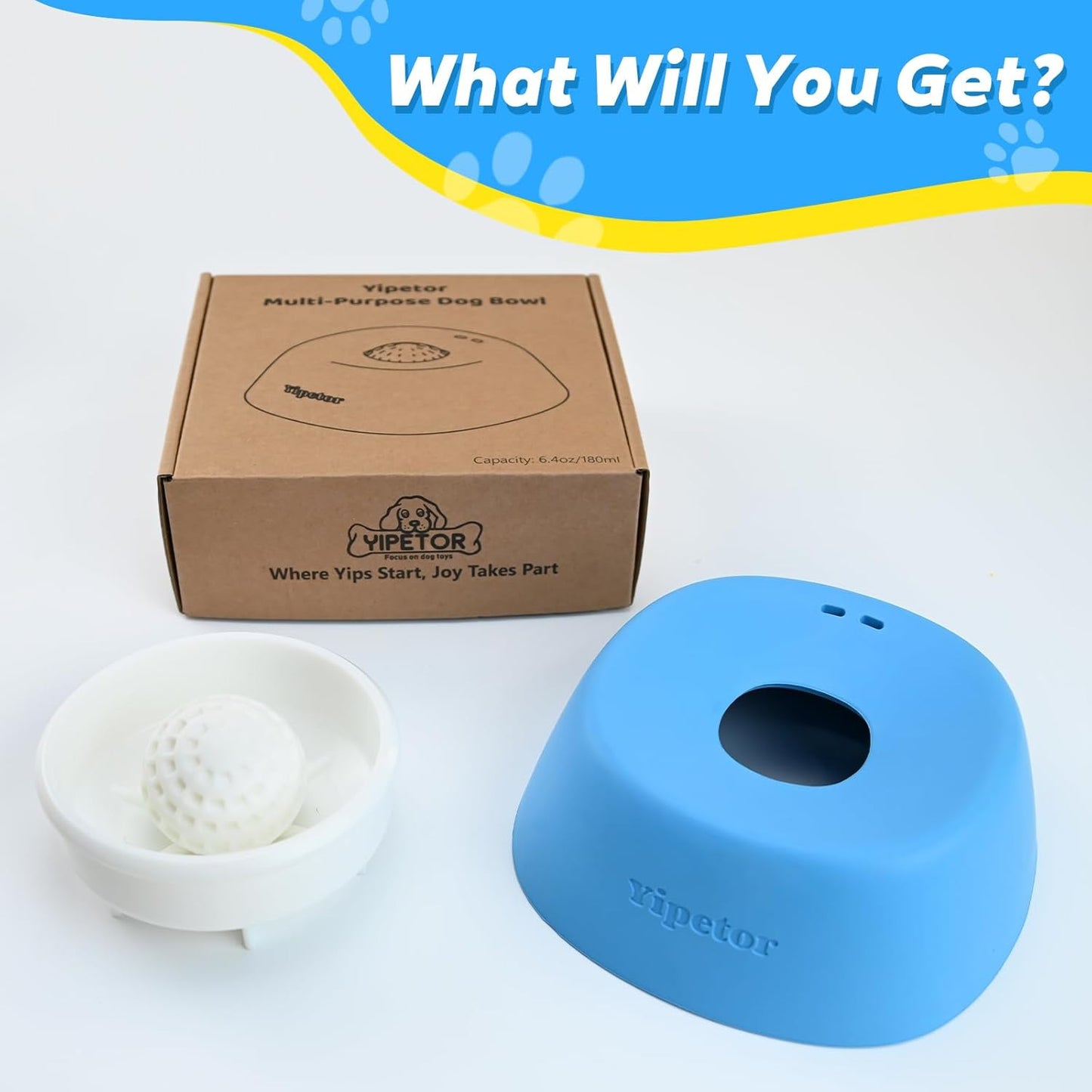 Yipetor Slow Feeder Dog Bowls for Liquid Treat, Anti-Slip【Entertained Ball-in】 Bone Broth Dog Lick Bowl, 3/4 Cup Yogurt Pup Lick Toy for Large Medium Small Breeds Dietary Supplement/Post-op Nutrition