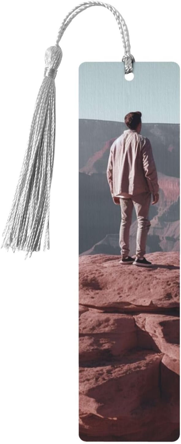 Man on Top of Canyon Bookmarks Gifts for Women Men, Wooden Bookmarks for Book Lovers, Vintage Book Marks Ornaments with Tassel, Unique Personalized Reading Page Markers Gray