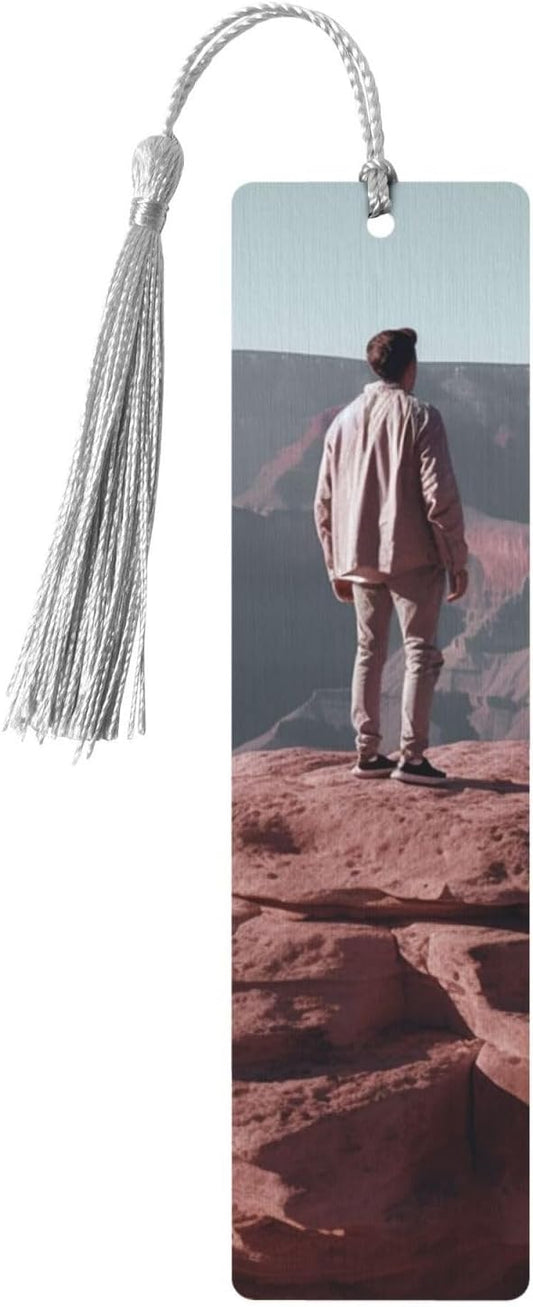 Man on Top of Canyon Bookmarks Gifts for Women Men, Wooden Bookmarks for Book Lovers, Vintage Book Marks Ornaments with Tassel, Unique Personalized Reading Page Markers Gray