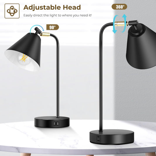 Industrial Dimmable Desk Lamp with 2 USB Charging Ports AC Outlet, Touch Control Bedside Nightstand Reading Lamp Flexible Head, Black Metal Table Lamp for Bedroom Office Living Room, Bulb Included