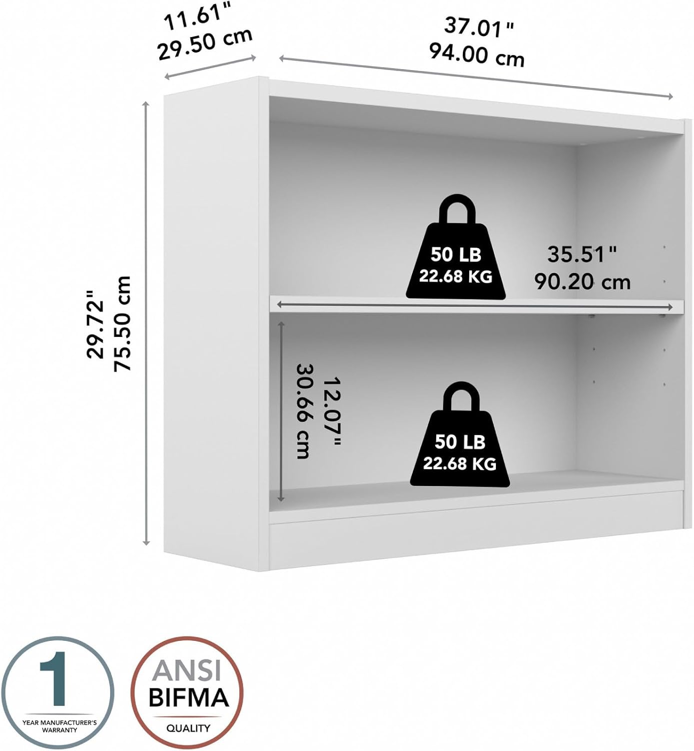 Bush Home Universal Small 2 Shelf Bookcase in White, Low Storage and Display Bookshelf for Home Office or Living Room Organization