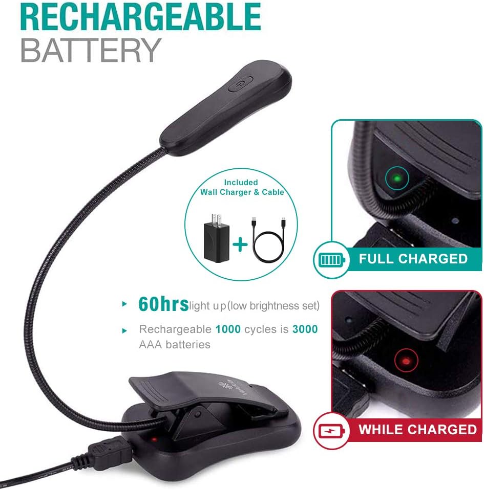 Vekkia Book Light Set with Charger, Clip on Reading Light in Bed with 3 Brightness, Up to 60 Hrs, Rechargeable, Eye-Care Warm LED for Read Before Bed (Incl Travel Case, Cable)