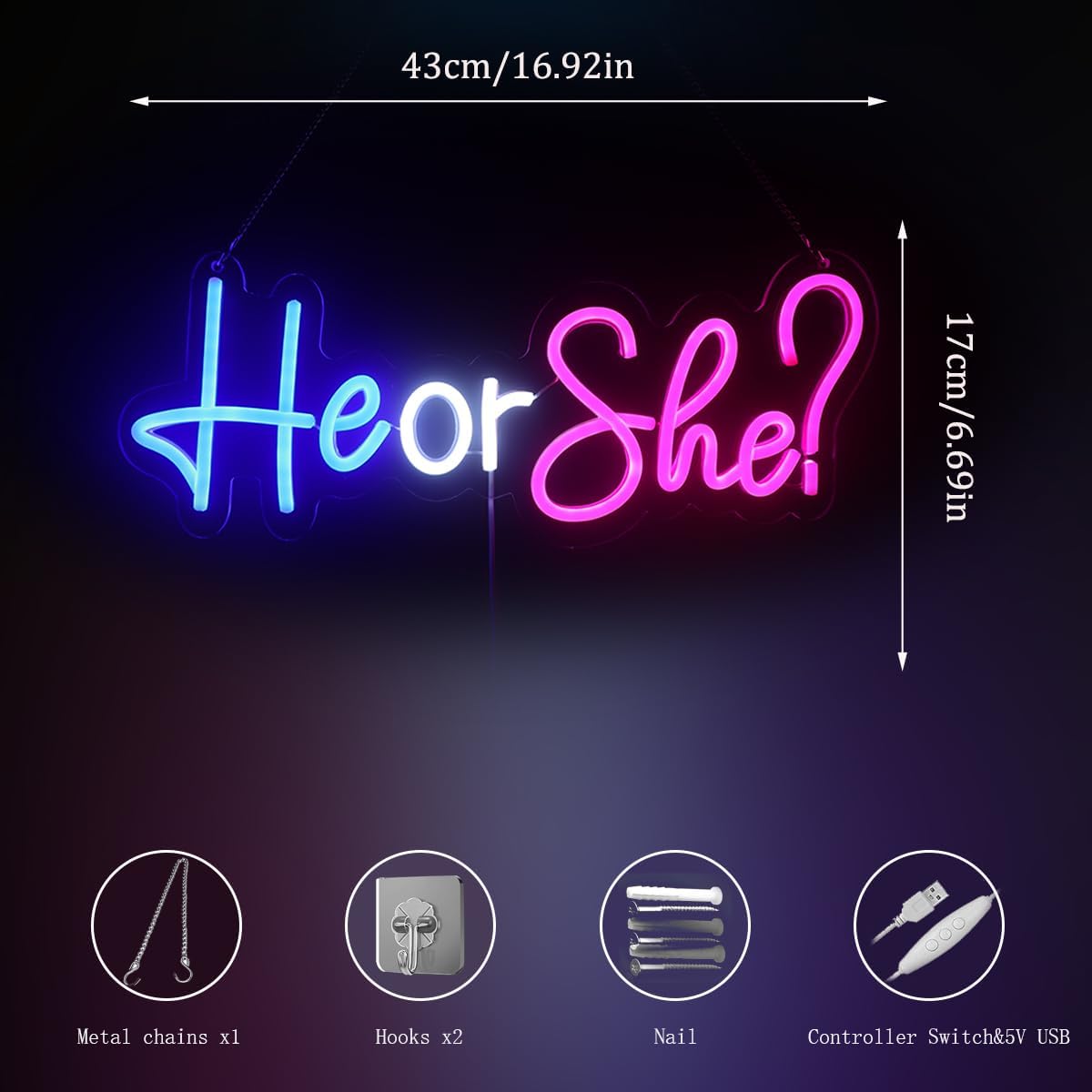 He or She Neon Signs Led Gender Reveal Party Decorations Neon Letters Signs Pregnancy Announcement Party Supplies Baby Shower Yard Signs(Pink-blue)