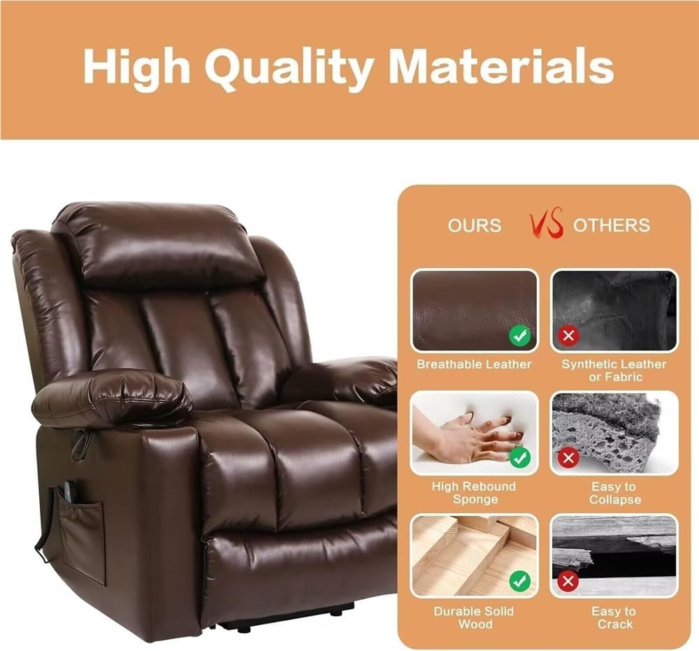 Brown Leather Power Recliner Chair for Adults, Electric Single Sofa with USB Charging Port & Padded Headrest, Modern Home Theater Seating for Living Room