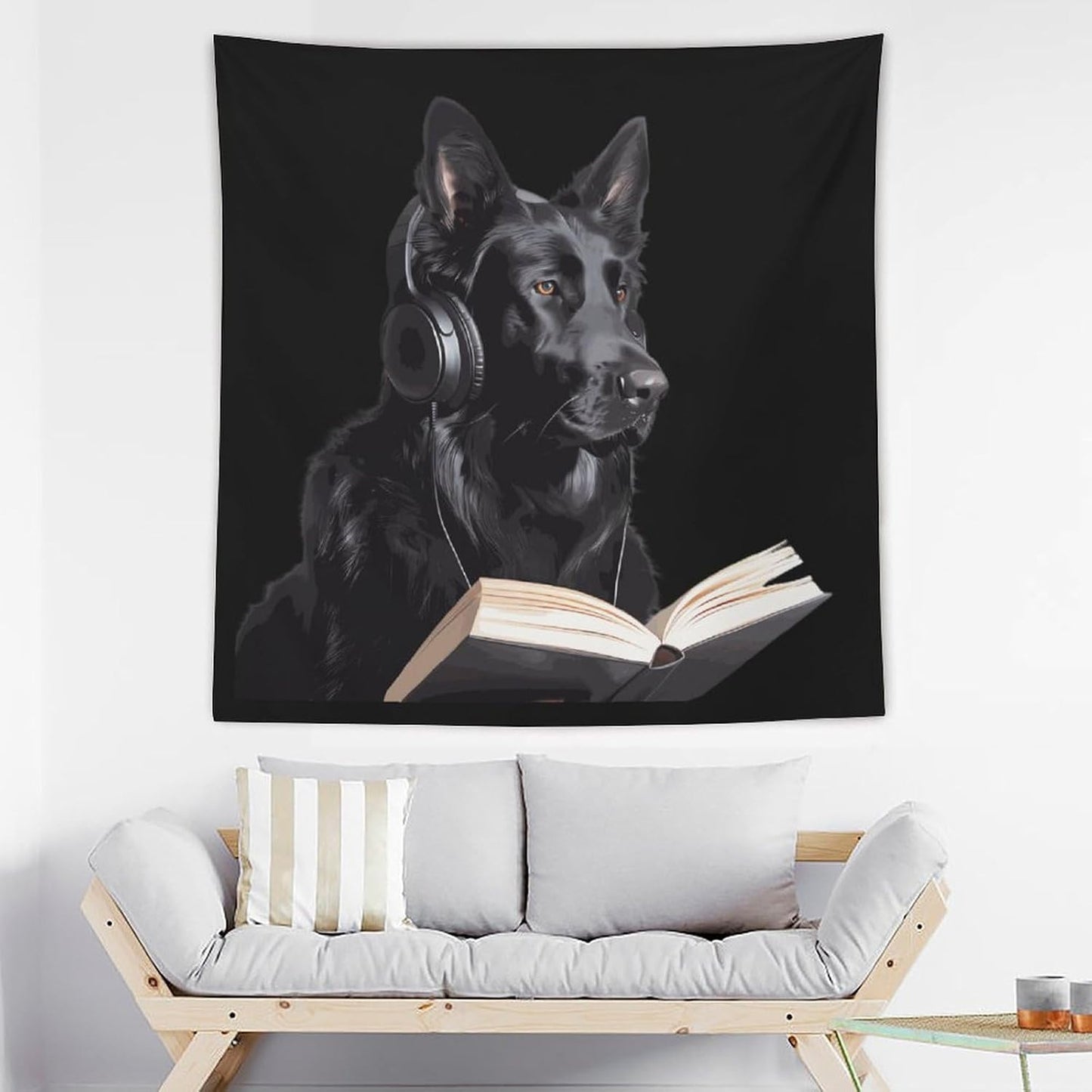 German Shepherd Wearing Headphones Reading Funny Tapestry Wall Hanging Aesthetic Blanket Room Decoration for Picnic Beach Mat