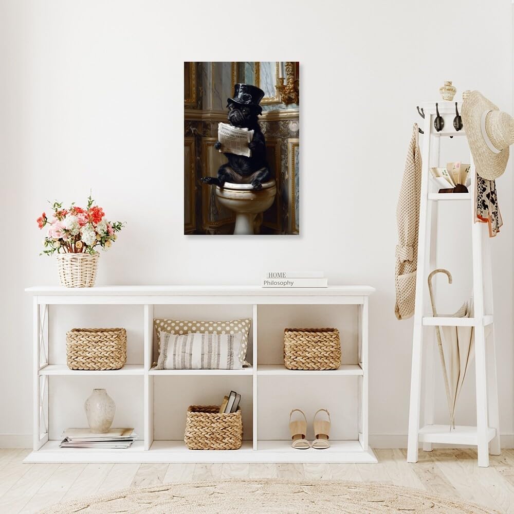 Pug Dog Reading Newspaper on Toilet Whimsical Fine Art Print Vintage Painting Canvas Wall Prints Poster Modern Home Aesthetic Decor Wall Art for Bedroom Dorm Framed24x36inch